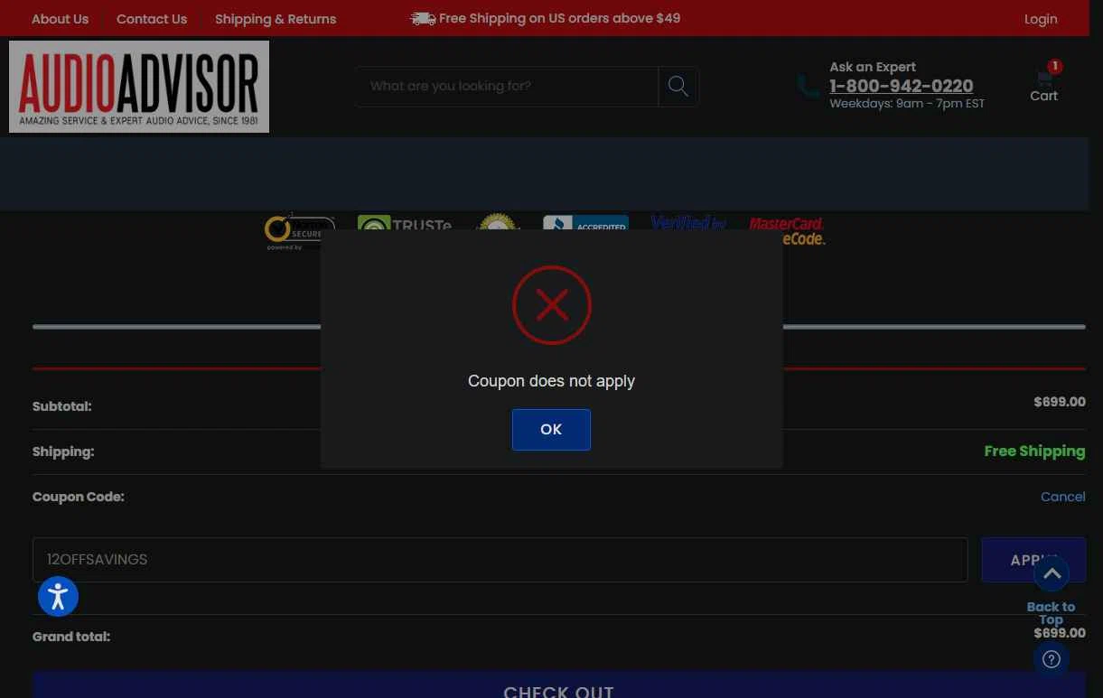 Audio Advisor checkout page showing Audio Advisor promo code box | Screenshot taken by SimplyCodes community member on Oct 24, 2025