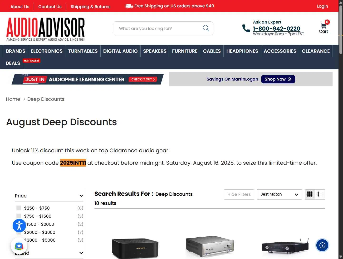 Audio Advisor checkout page showing Audio Advisor promo code box | Screenshot taken by SimplyCodes community member on Sep 3, 2025