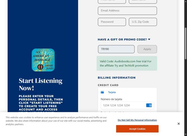 Audiobooks.com checkout page showing Audiobooks.com promo code box | Screenshot taken by SimplyCodes community member on Aug 5, 2025