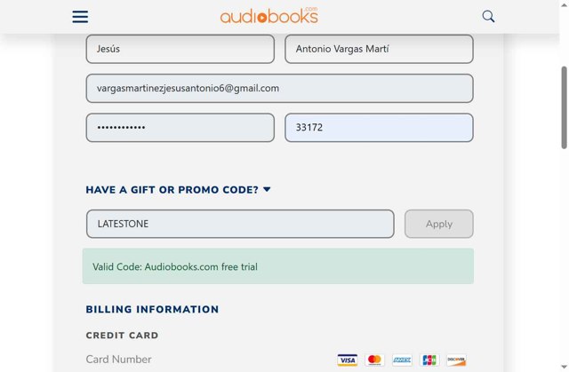 Audiobooks.com checkout page showing Audiobooks.com promo code box | Screenshot taken by SimplyCodes community member on Jul 7, 2025