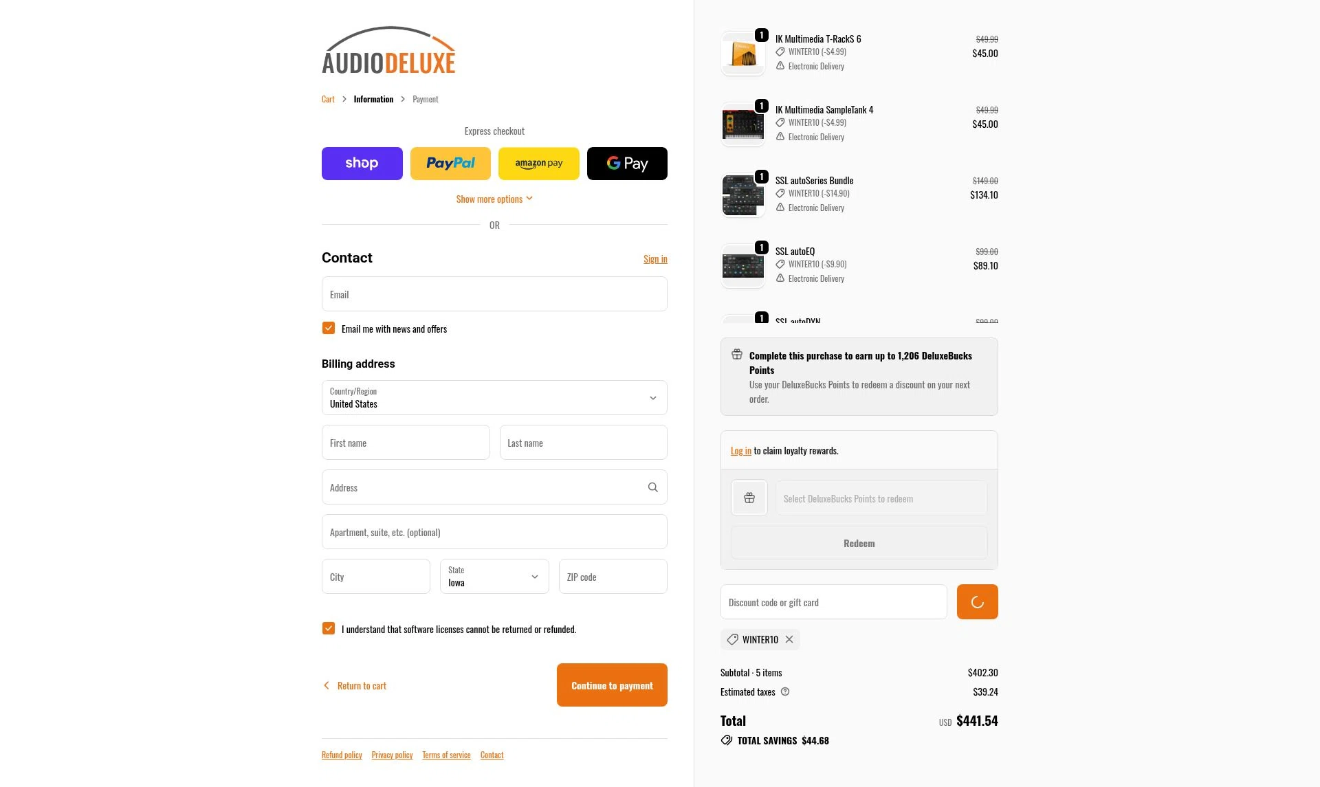 AudioDeluxe checkout page showing AudioDeluxe coupon code box | Screenshot taken by SimplyCodes community member on Feb 10, 2026