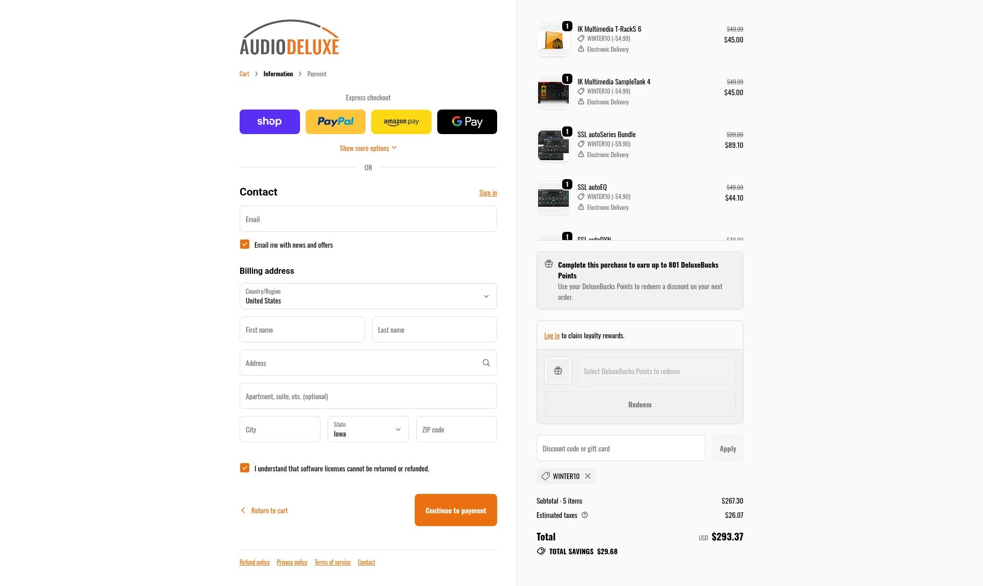 AudioDeluxe checkout page showing AudioDeluxe coupon code box | Screenshot taken by SimplyCodes community member on Feb 5, 2026
