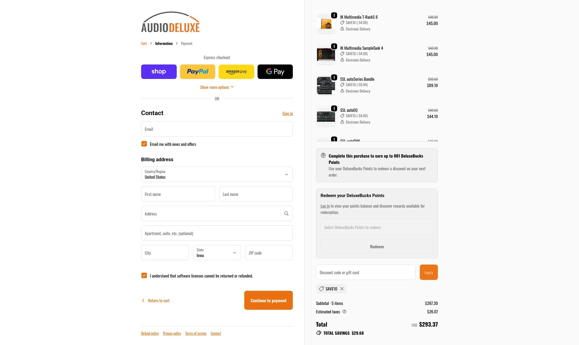 AudioDeluxe checkout page showing AudioDeluxe coupon code box | Screenshot taken by SimplyCodes community member on Jan 23, 2026