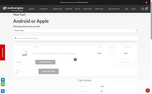 Audioengine checkout page showing Audioengine coupon code box | Screenshot taken by SimplyCodes community member on Apr 16, 2025