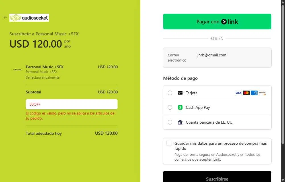 Audiosocket Blog checkout page showing Audiosocket Blog promo code box | Screenshot taken by SimplyCodes community member on Nov 19, 2025