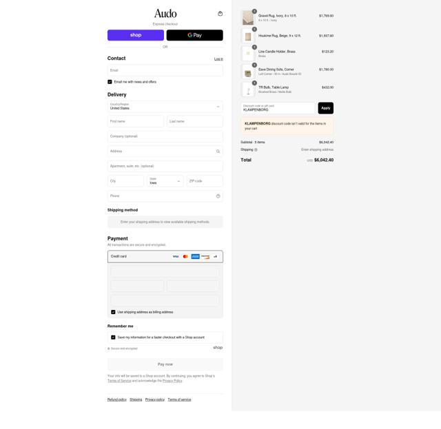 Audo Copenhagen checkout page showing Audo Copenhagen promo code box | Screenshot taken by SimplyCodes community member on Sep 8, 2025