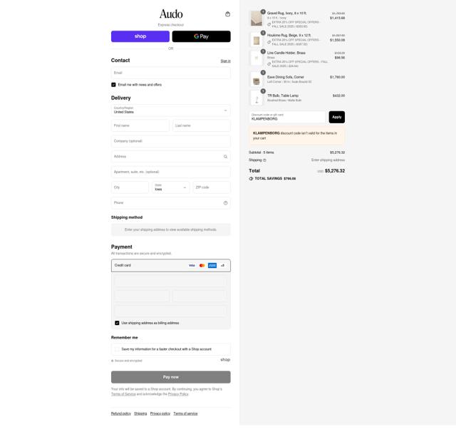 Audo Copenhagen checkout page showing Audo Copenhagen promo code box | Screenshot taken by SimplyCodes community member on Sep 12, 2025