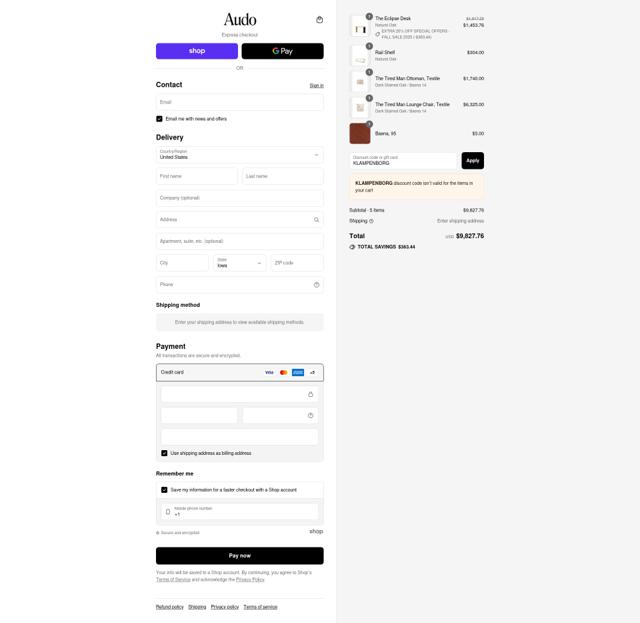 Audo Copenhagen checkout page showing Audo Copenhagen promo code box | Screenshot taken by SimplyCodes community member on Sep 17, 2025