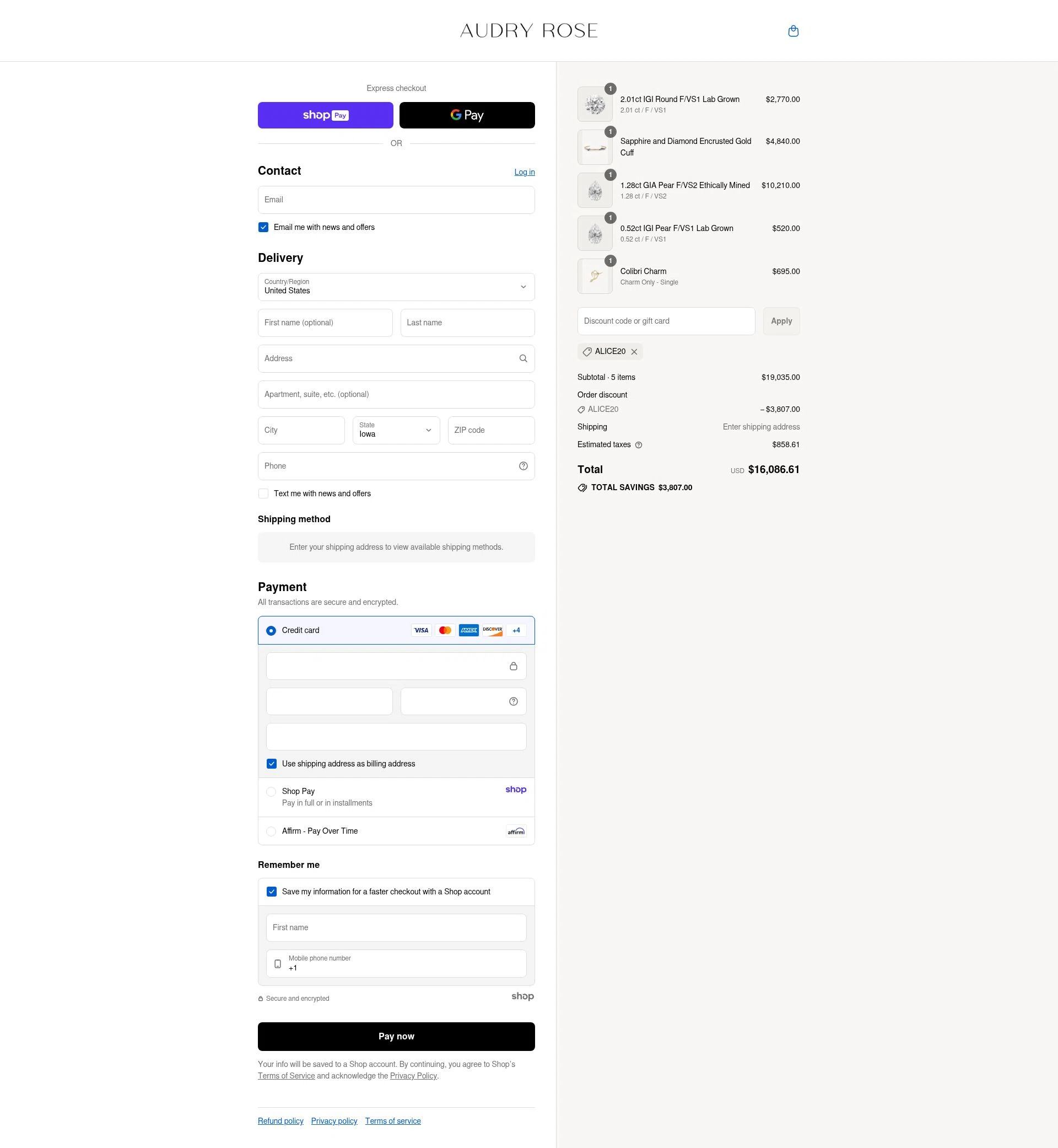 Audry Rose checkout page showing Audry Rose discount code box | Screenshot taken by SimplyCodes community member on Aug 16, 2025