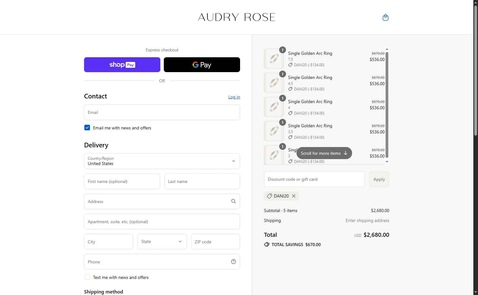 Audry Rose checkout page showing Audry Rose discount code box | Screenshot taken by SimplyCodes community member on Aug 26, 2025