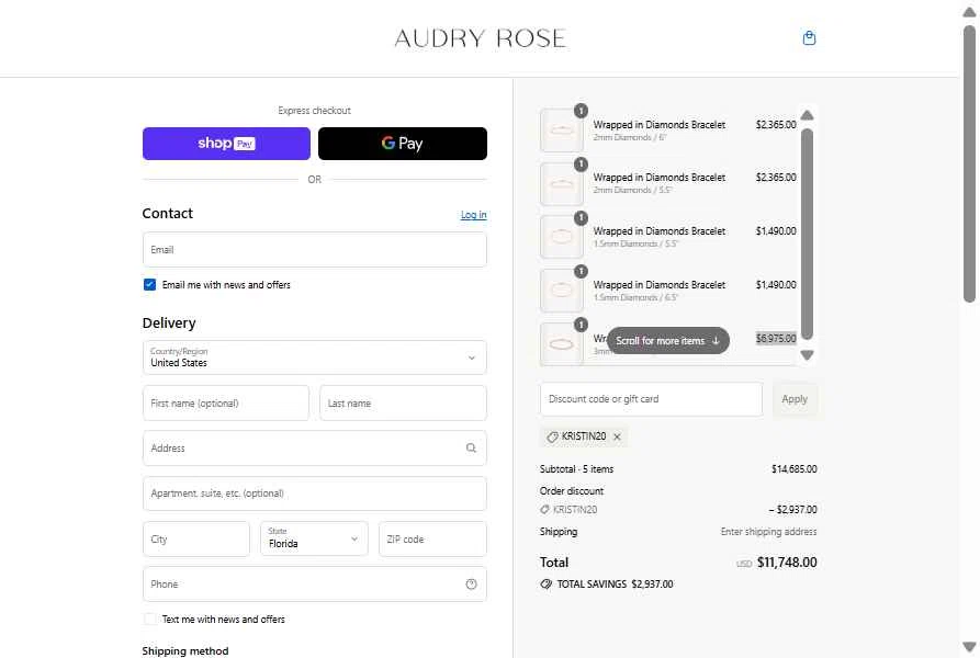 Audry Rose checkout page showing Audry Rose discount code box | Screenshot taken by SimplyCodes community member on Aug 22, 2025
