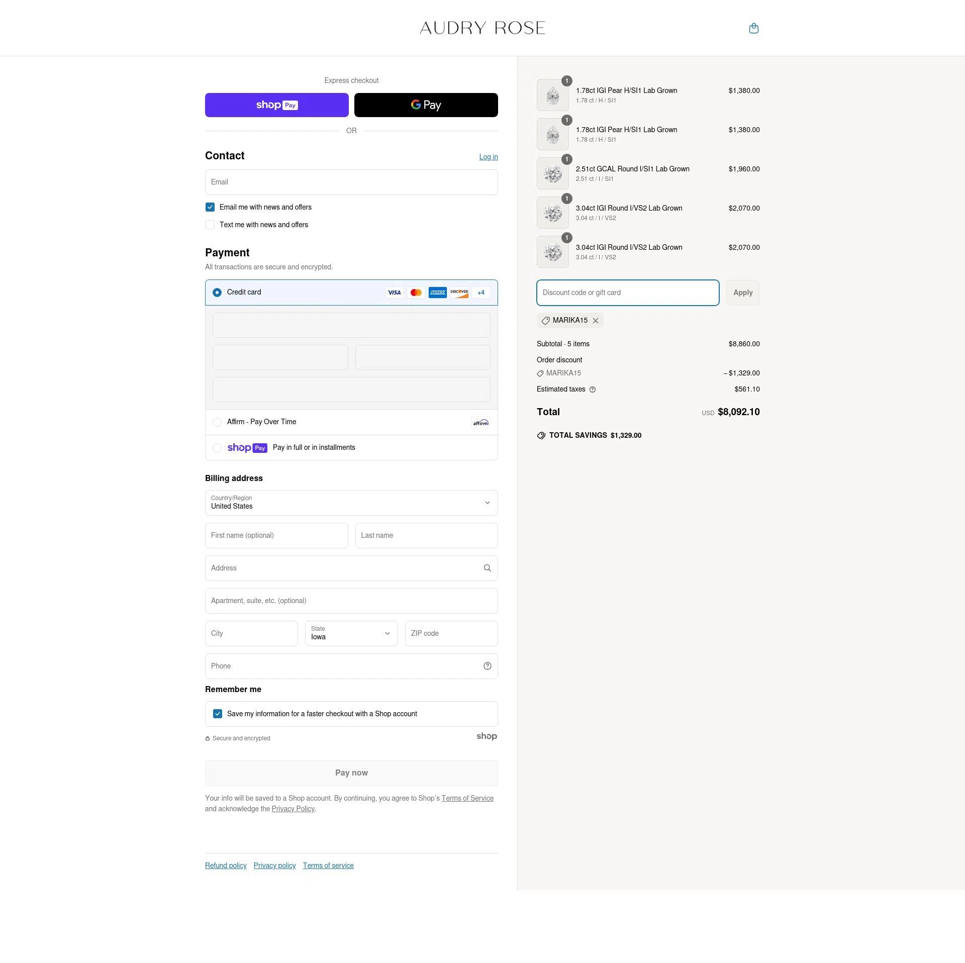 Audry Rose checkout page showing Audry Rose discount code box | Screenshot taken by SimplyCodes community member on May 21, 2025