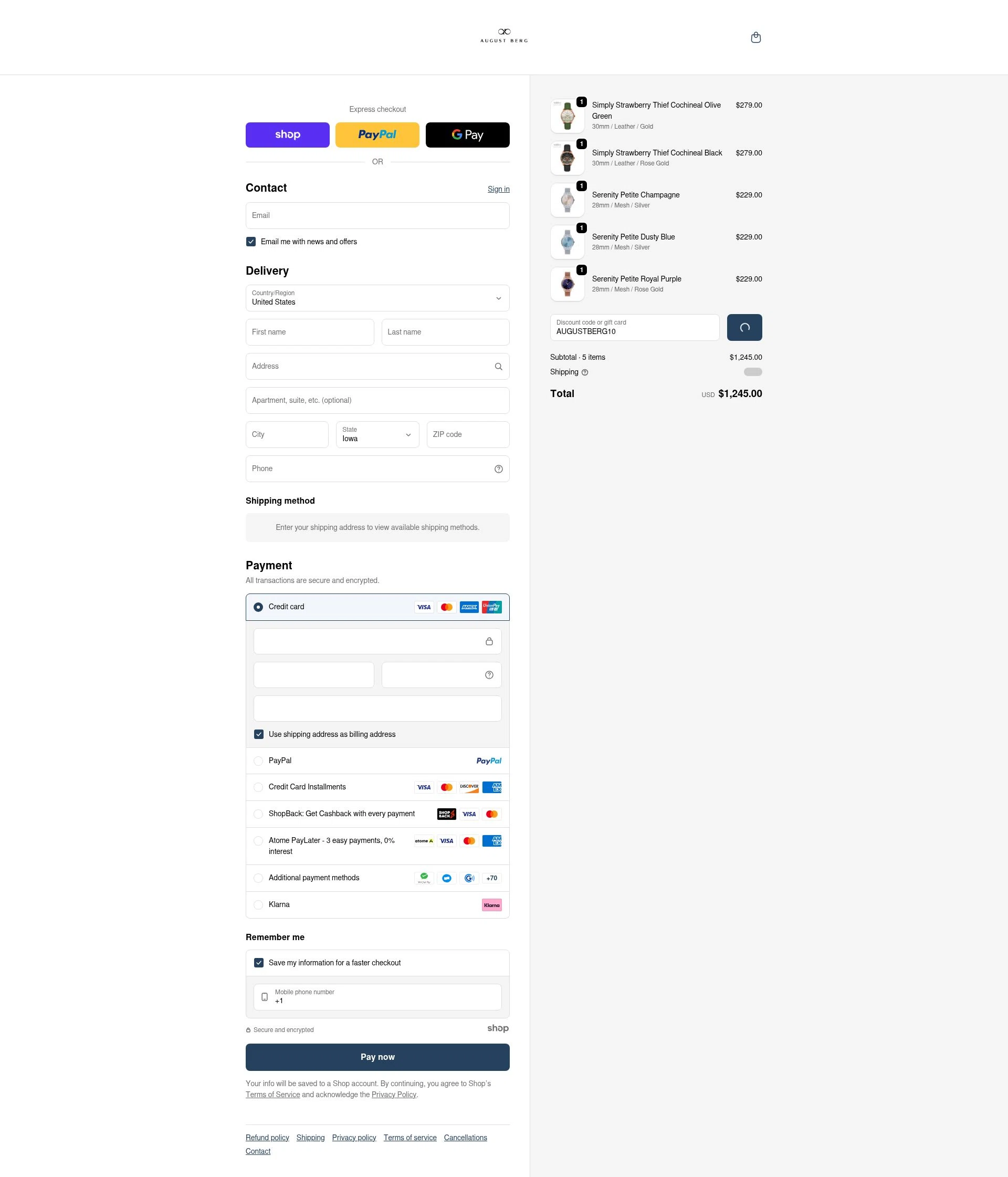 August Berg checkout page showing August Berg discount code box | Screenshot taken by SimplyCodes community member on Dec 24, 2025