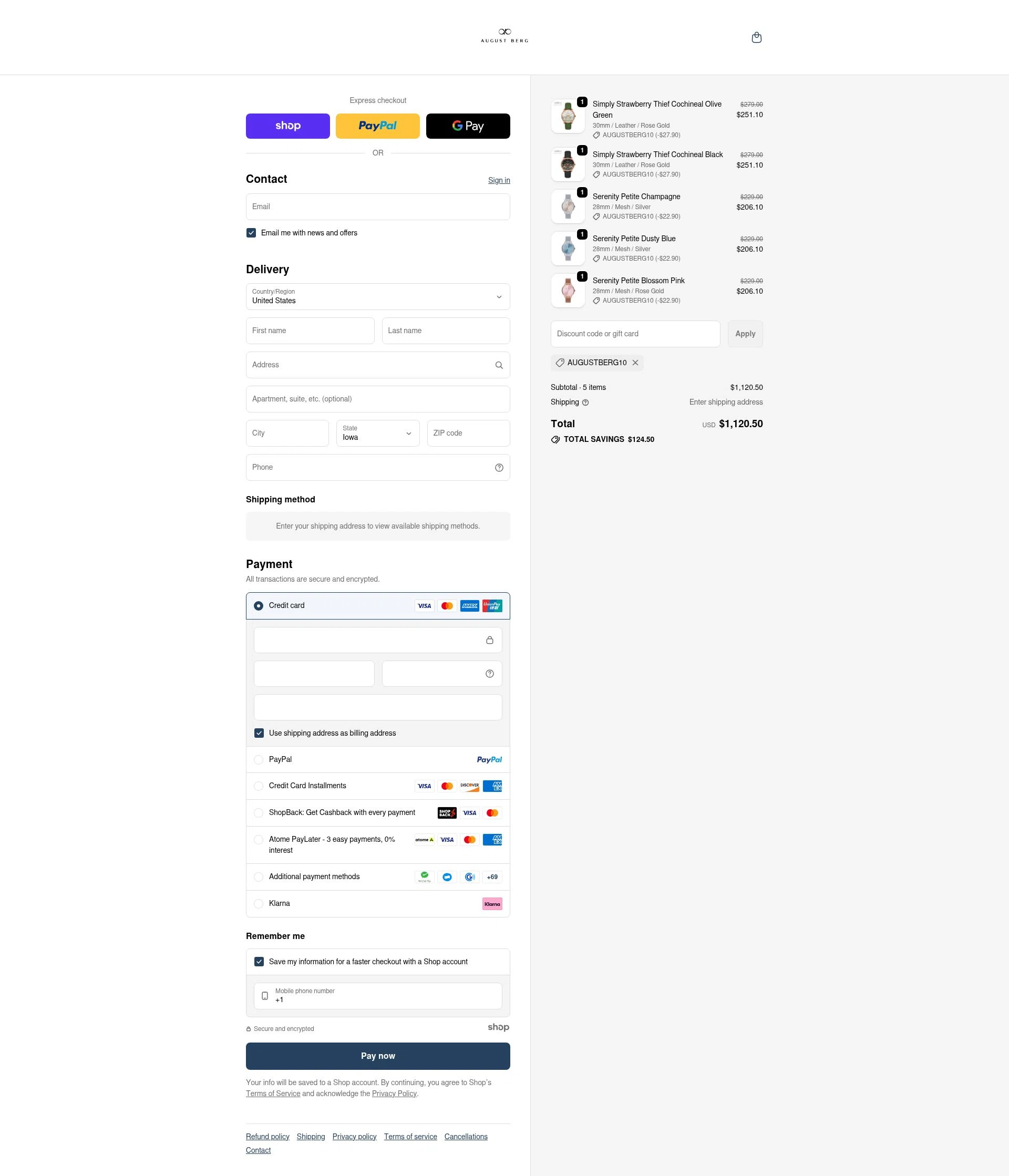 August Berg checkout page showing August Berg discount code box | Screenshot taken by SimplyCodes community member on Dec 11, 2025