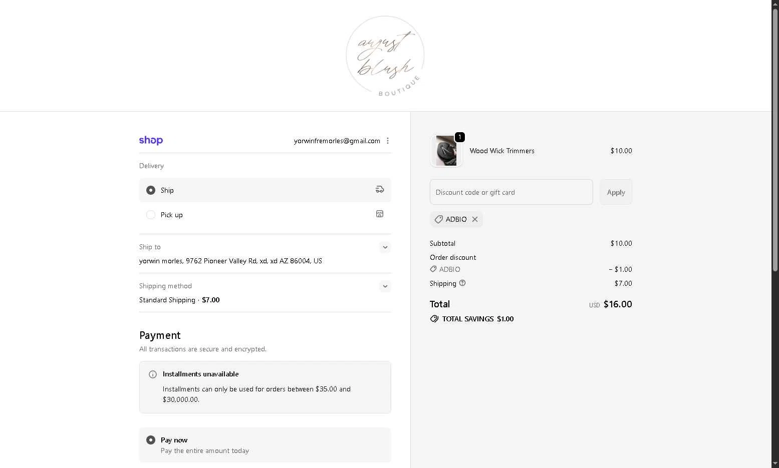 August Blush Boutique checkout page showing August Blush Boutique promo code box | Screenshot taken by SimplyCodes community member on Dec 29, 2025