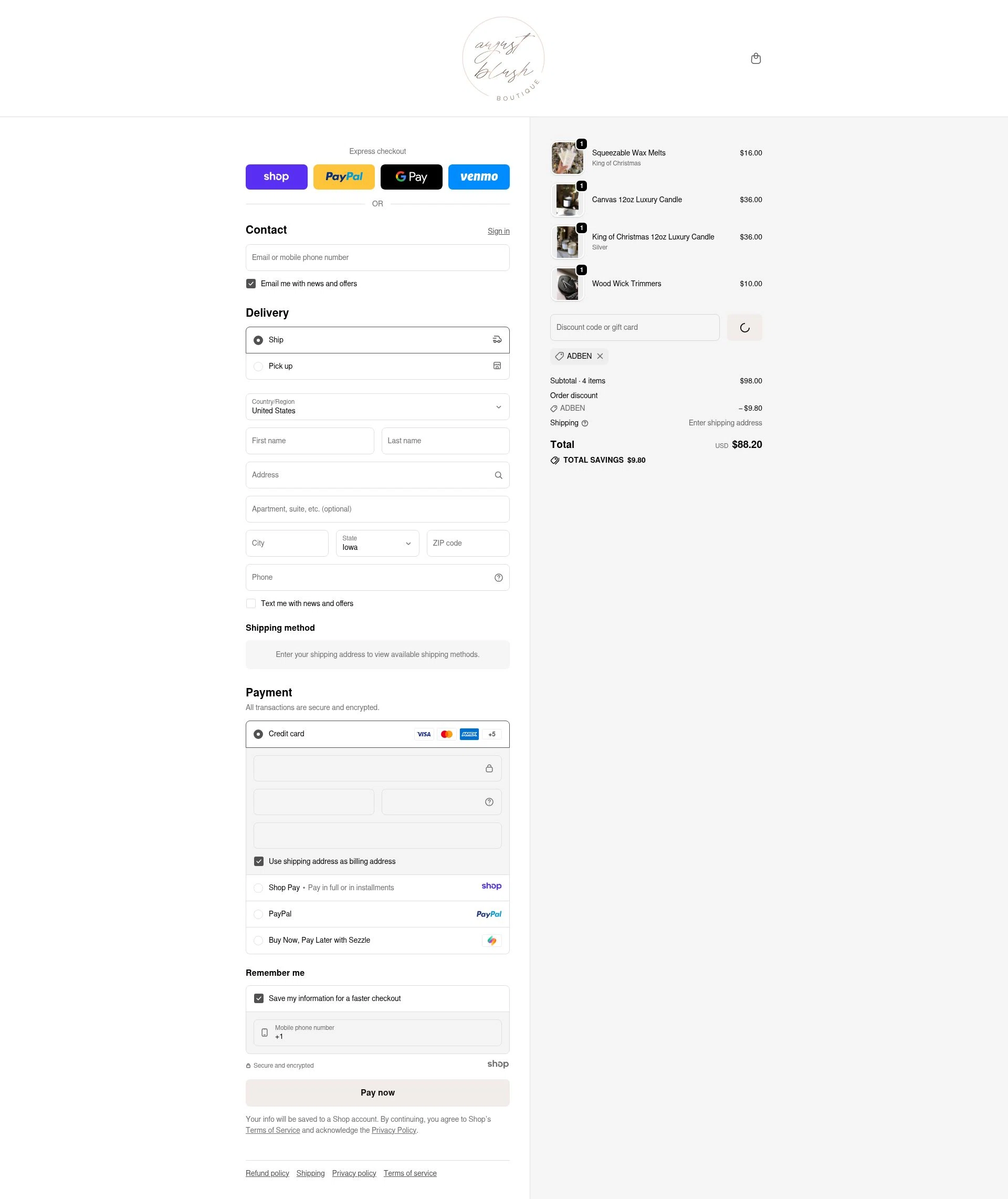 August Blush Boutique checkout page showing August Blush Boutique promo code box | Screenshot taken by SimplyCodes community member on Dec 29, 2025