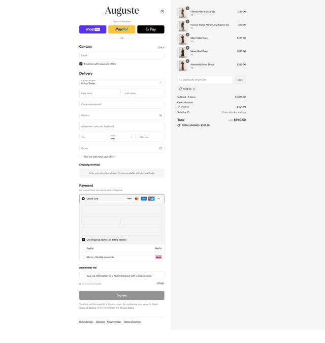 Auguste checkout page showing Auguste promo code box | Screenshot taken by SimplyCodes community member on Aug 22, 2025
