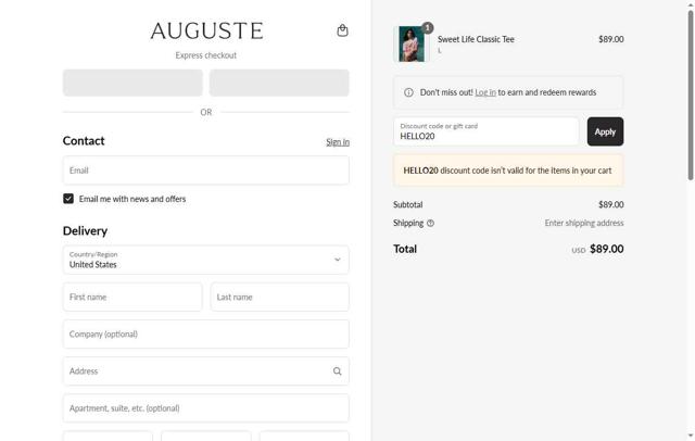 Auguste checkout page showing Auguste promo code box | Screenshot taken by SimplyCodes community member on Sep 12, 2025