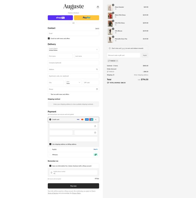 Auguste The Label checkout page showing Auguste The Label discount code box | Screenshot taken by SimplyCodes community member on Aug 28, 2025