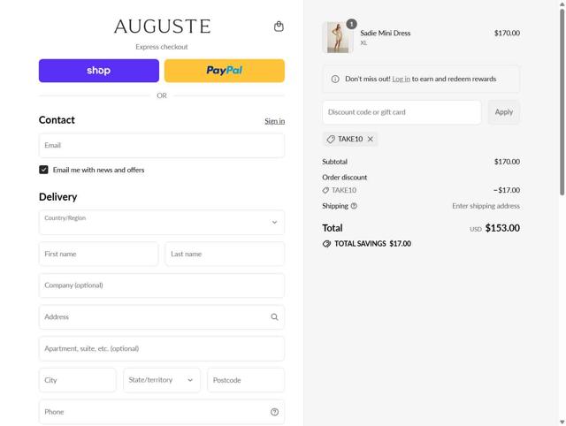 Auguste The Label checkout page showing Auguste The Label discount code box | Screenshot taken by SimplyCodes community member on Sep 10, 2025