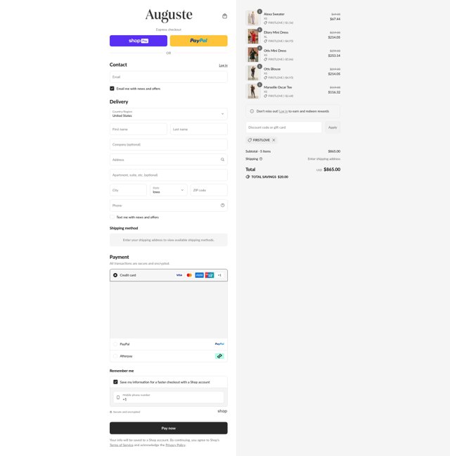 Auguste The Label checkout page showing Auguste The Label discount code box | Screenshot taken by SimplyCodes community member on Aug 28, 2025
