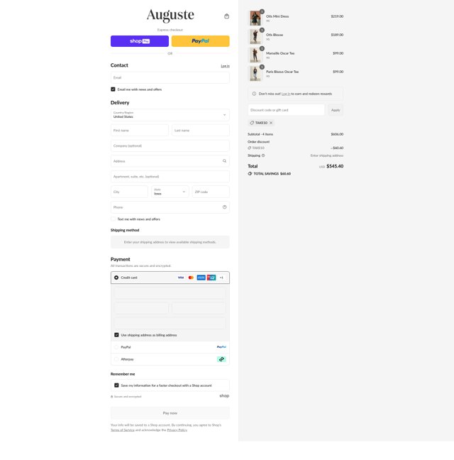 Auguste The Label checkout page showing Auguste The Label discount code box | Screenshot taken by SimplyCodes community member on Aug 24, 2025