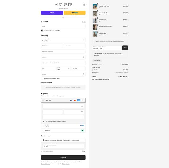 Auguste The Label checkout page showing Auguste The Label discount code box | Screenshot taken by SimplyCodes community member on Sep 10, 2025