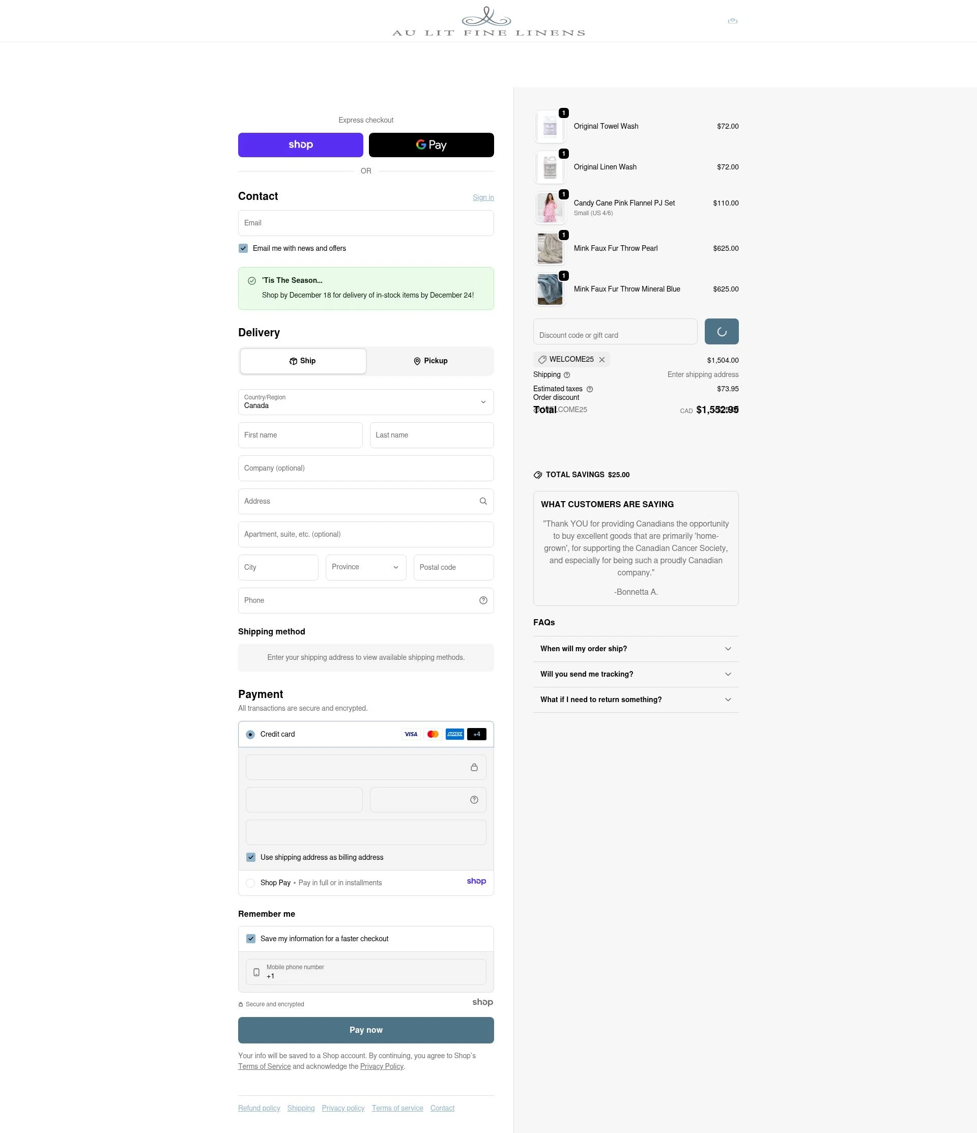 Au Lit Fine Linens checkout page showing Au Lit Fine Linens discount code box | Screenshot taken by SimplyCodes community member on Dec 17, 2025