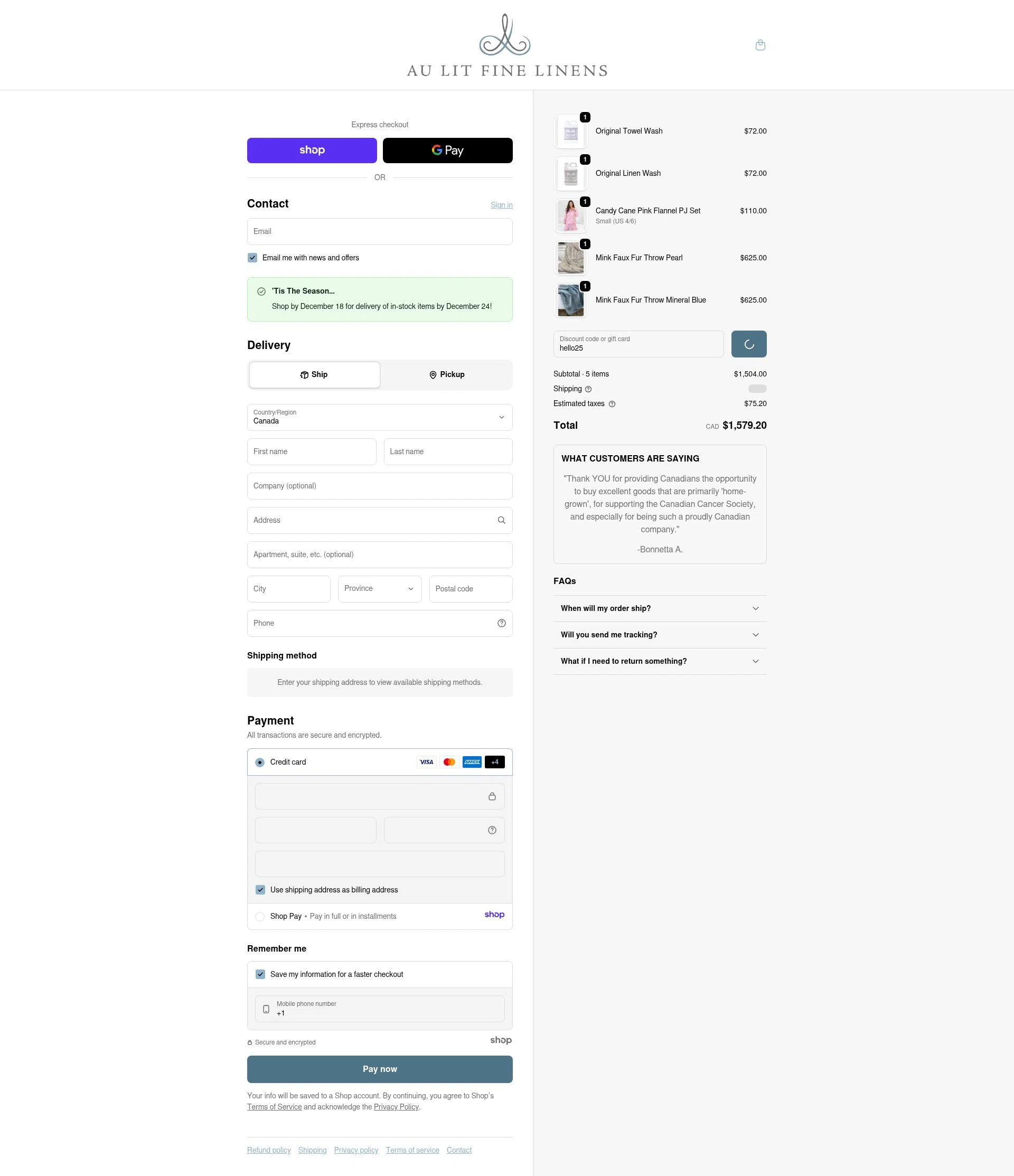 Au Lit Fine Linens checkout page showing Au Lit Fine Linens discount code box | Screenshot taken by SimplyCodes community member on Dec 17, 2025