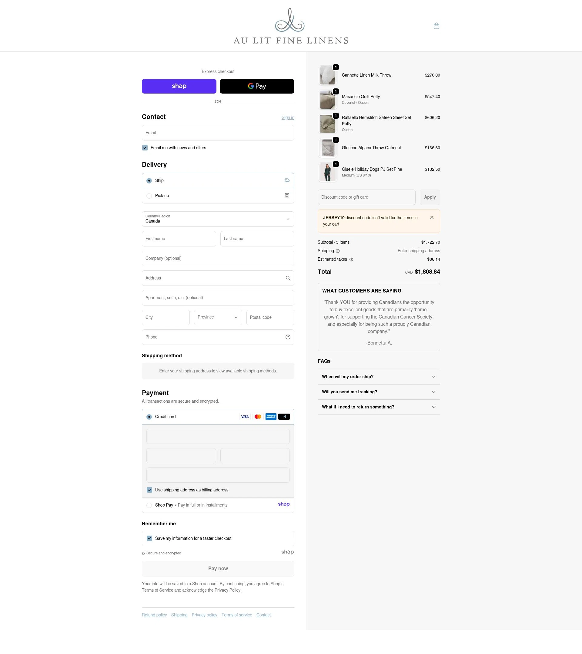 Au Lit Fine Linens checkout page showing Au Lit Fine Linens discount code box | Screenshot taken by SimplyCodes community member on Jan 3, 2026