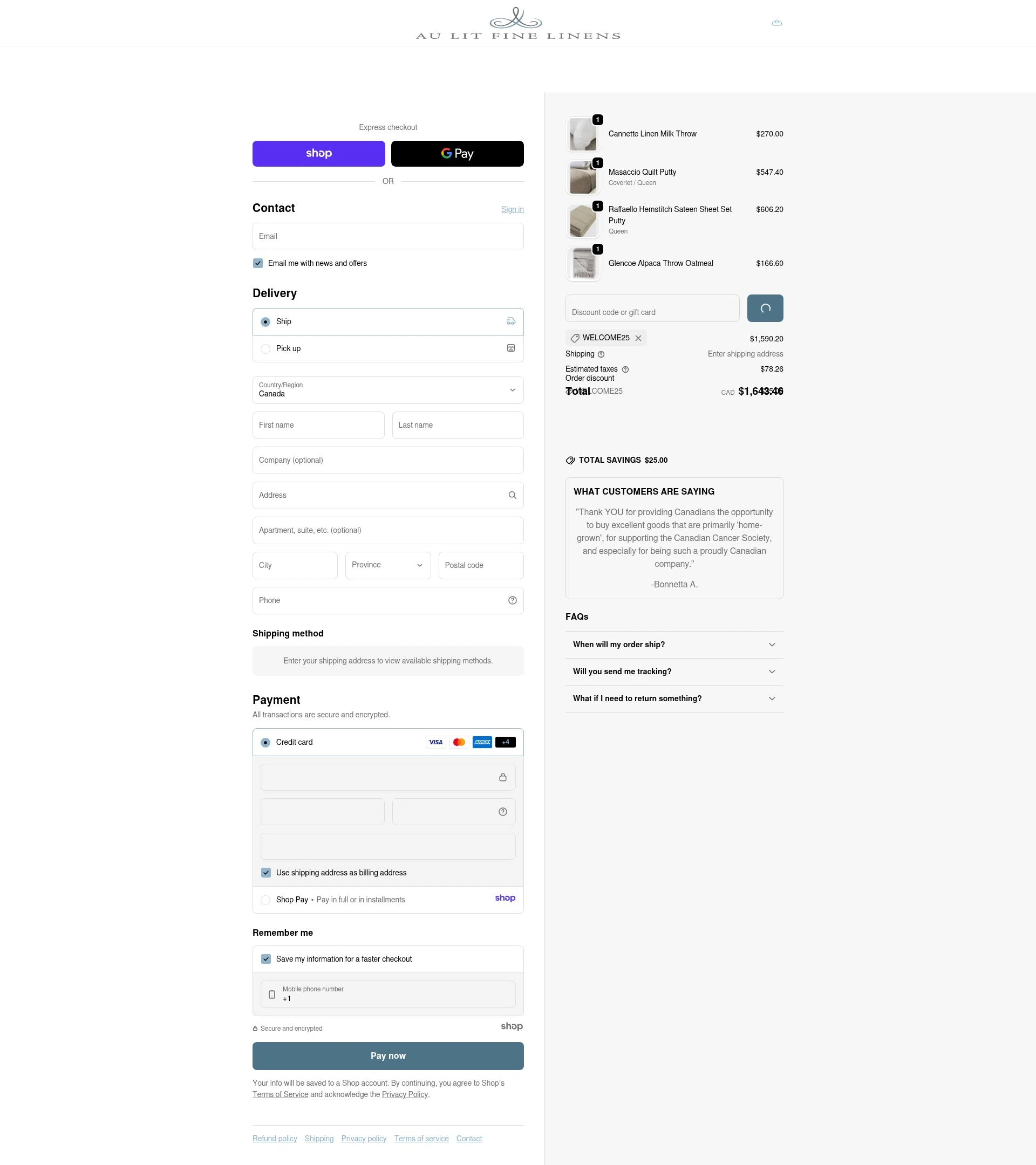 Au Lit Fine Linens checkout page showing Au Lit Fine Linens discount code box | Screenshot taken by SimplyCodes community member on Jan 8, 2026