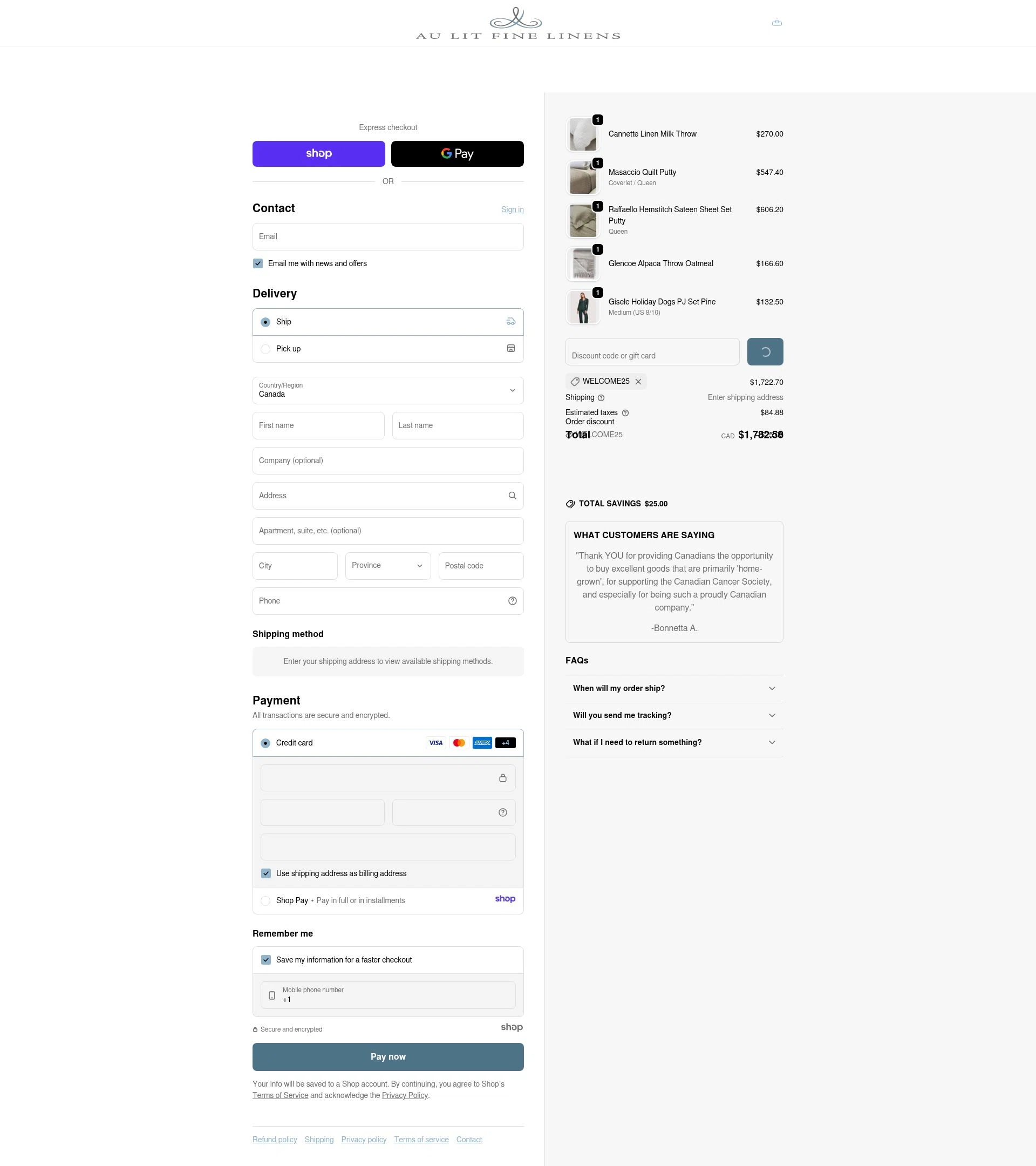 Au Lit Fine Linens checkout page showing Au Lit Fine Linens discount code box | Screenshot taken by SimplyCodes community member on Jan 3, 2026