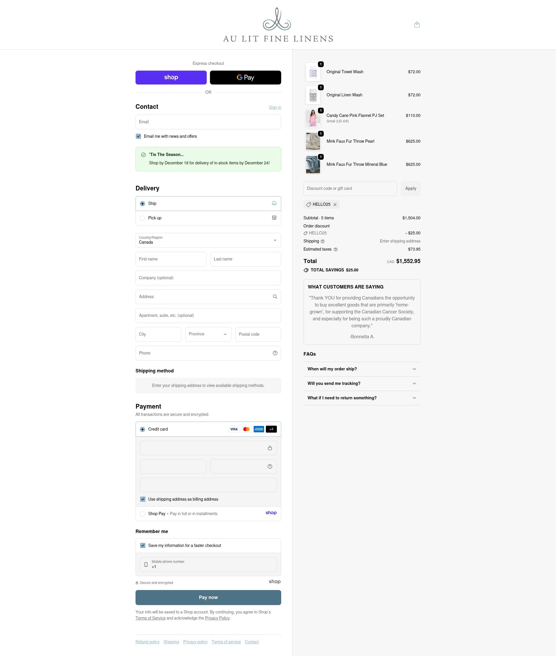 Au Lit Fine Linens checkout page showing Au Lit Fine Linens discount code box | Screenshot taken by SimplyCodes community member on Dec 11, 2025