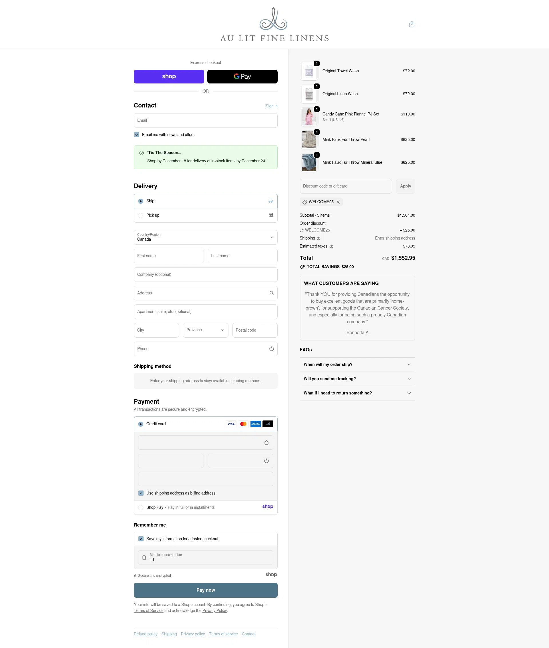 Au Lit Fine Linens checkout page showing Au Lit Fine Linens discount code box | Screenshot taken by SimplyCodes community member on Dec 11, 2025