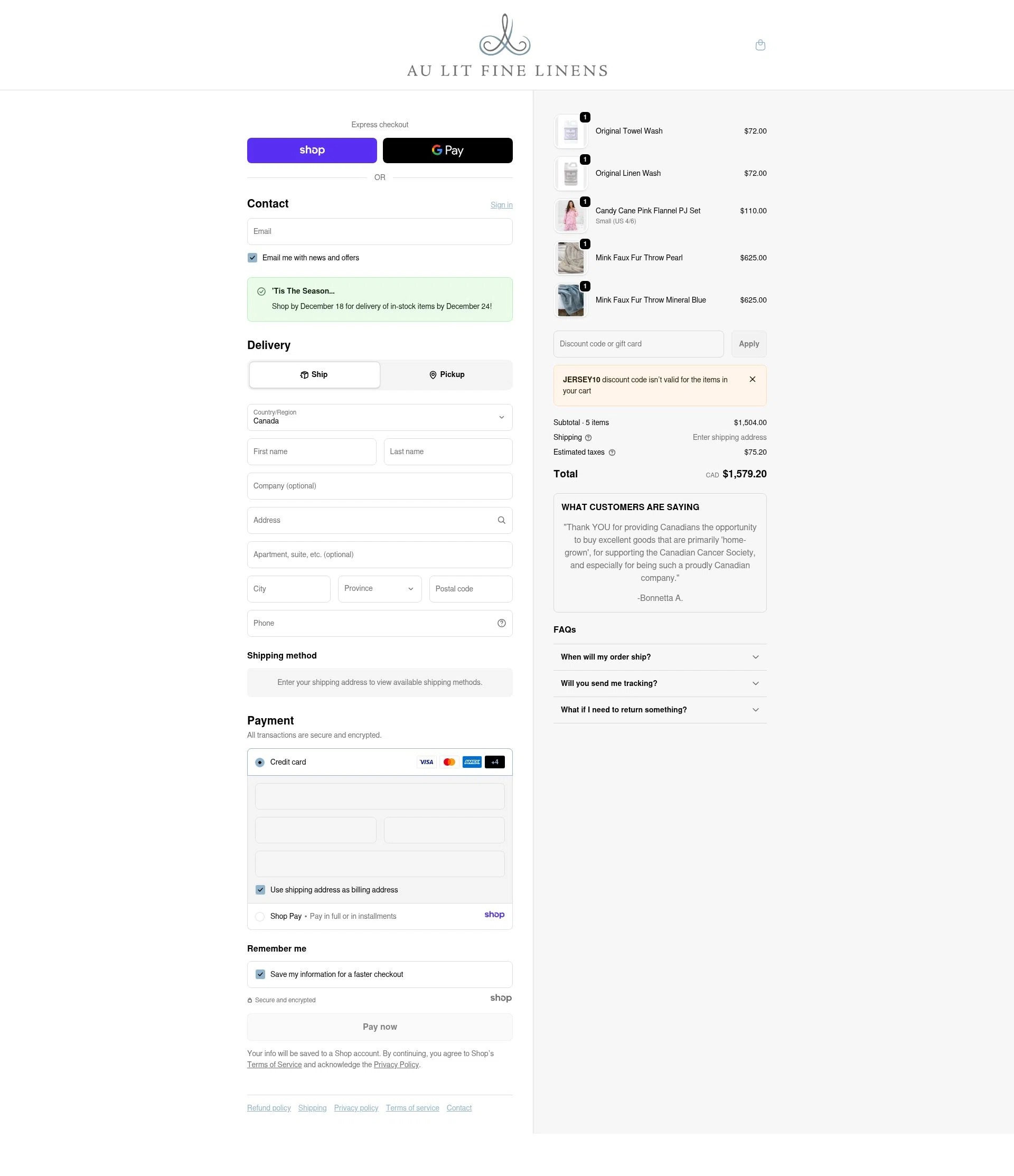 Au Lit Fine Linens checkout page showing Au Lit Fine Linens discount code box | Screenshot taken by SimplyCodes community member on Dec 17, 2025
