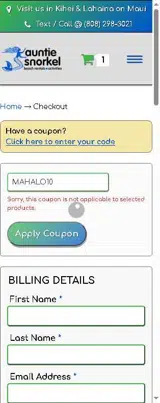 Auntie Snorkel coupon verification screenshot