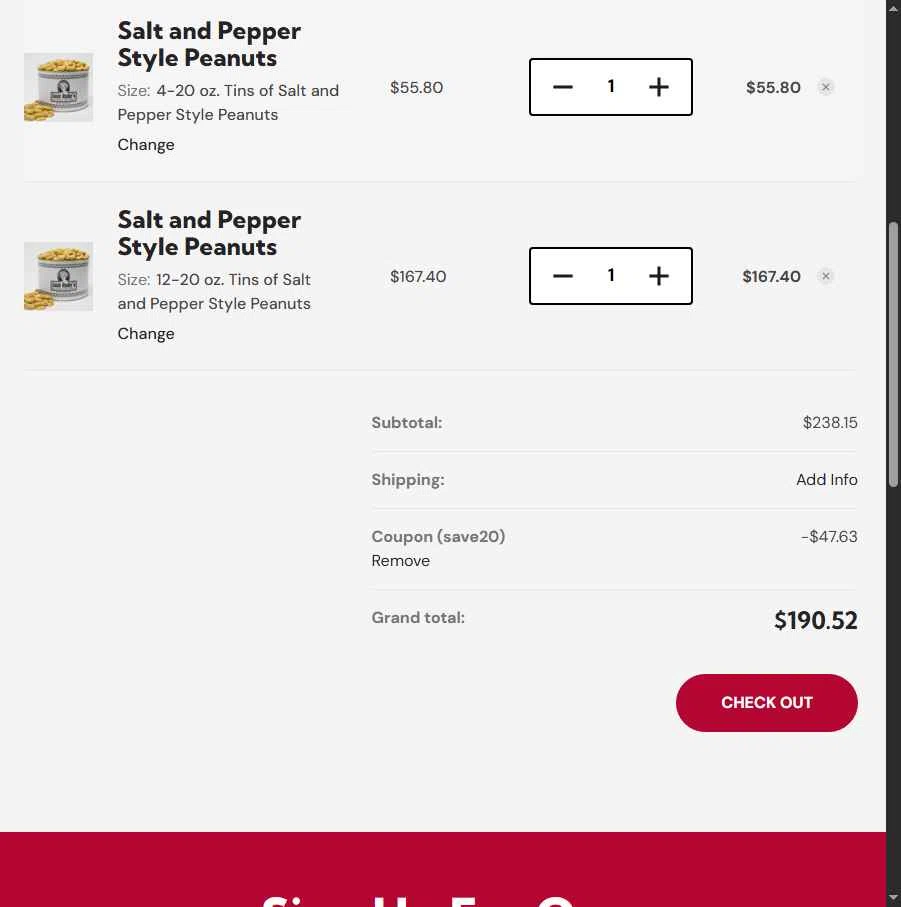 Aunt Ruby's Peanuts checkout page showing Aunt Ruby's Peanuts promo code box | Screenshot taken by SimplyCodes community member on Aug 30, 2025