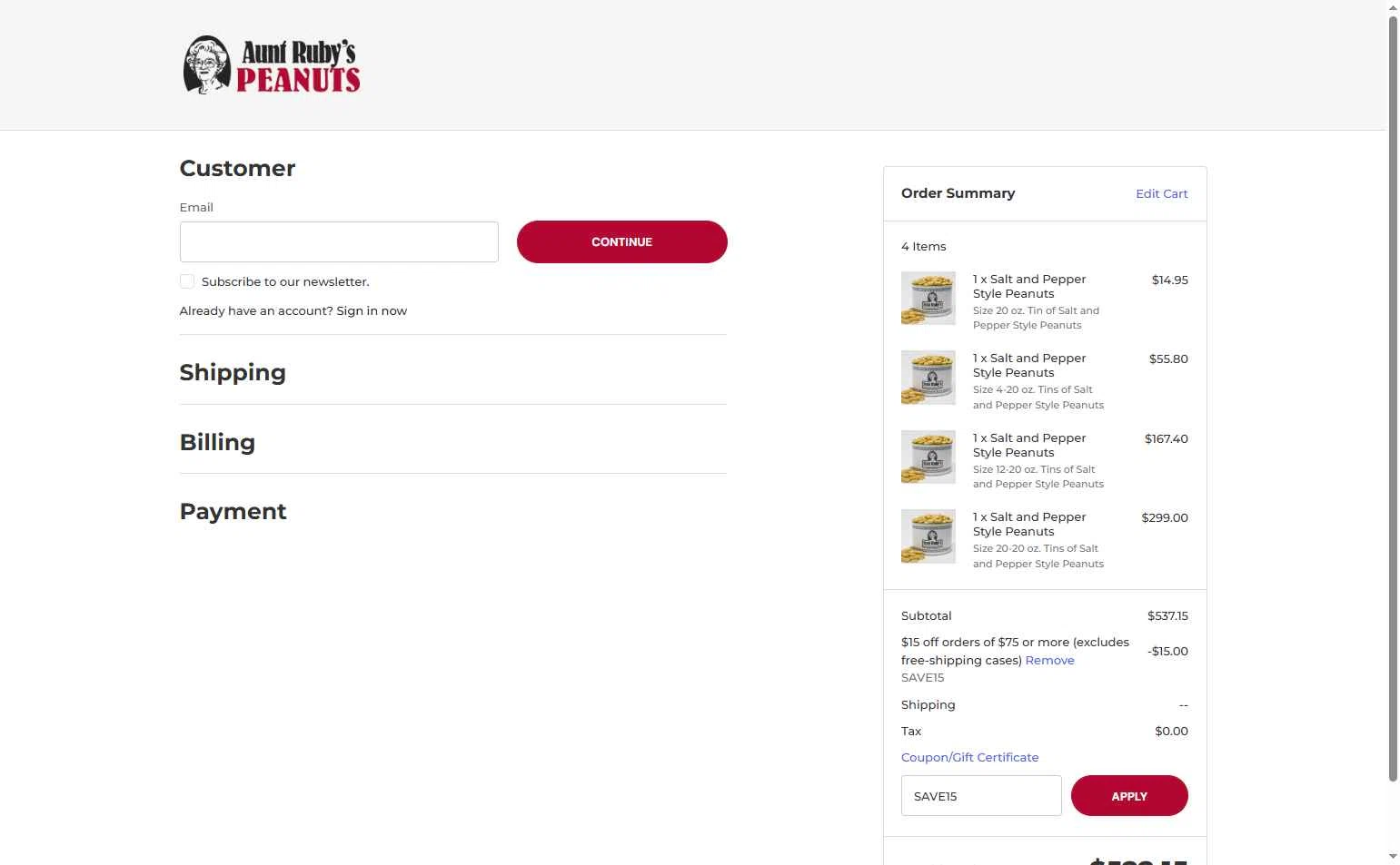 Aunt Ruby's Peanuts checkout page showing Aunt Ruby's Peanuts promo code box | Screenshot taken by SimplyCodes community member on Sep 26, 2025
