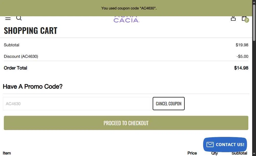 Aura Cacia checkout page showing Aura Cacia coupon code box | Screenshot taken by SimplyCodes community member on Jan 11, 2026