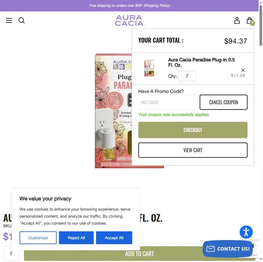 Aura Cacia checkout page showing Aura Cacia coupon code box | Screenshot taken by SimplyCodes community member on Feb 5, 2026