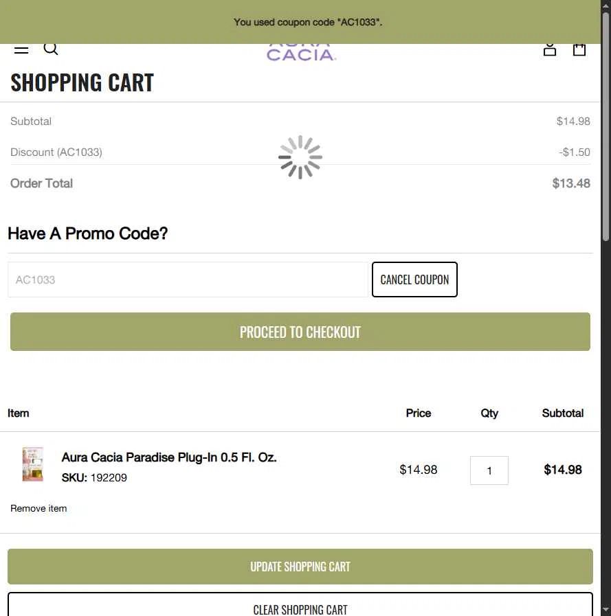 Aura Cacia checkout page showing Aura Cacia coupon code box | Screenshot taken by SimplyCodes community member on Jan 7, 2026