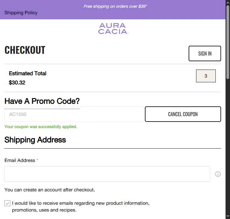 Aura Cacia checkout page showing Aura Cacia coupon code box | Screenshot taken by SimplyCodes community member on Jan 6, 2026
