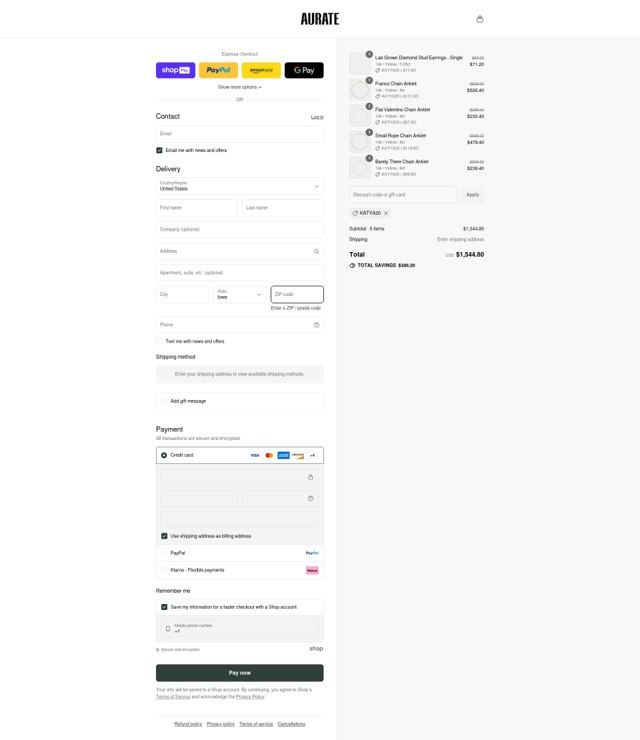 Aurate New York checkout page showing Aurate New York promo code box | Screenshot taken by SimplyCodes community member on Aug 26, 2025