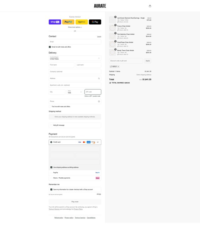 Aurate New York checkout page showing Aurate New York promo code box | Screenshot taken by SimplyCodes community member on Aug 22, 2025