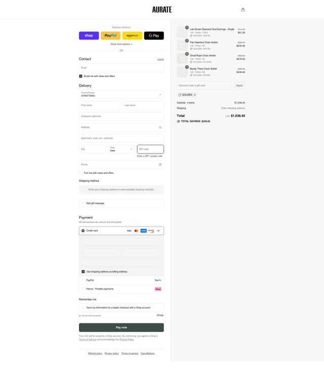 Aurate New York checkout page showing Aurate New York promo code box | Screenshot taken by SimplyCodes community member on Sep 3, 2025