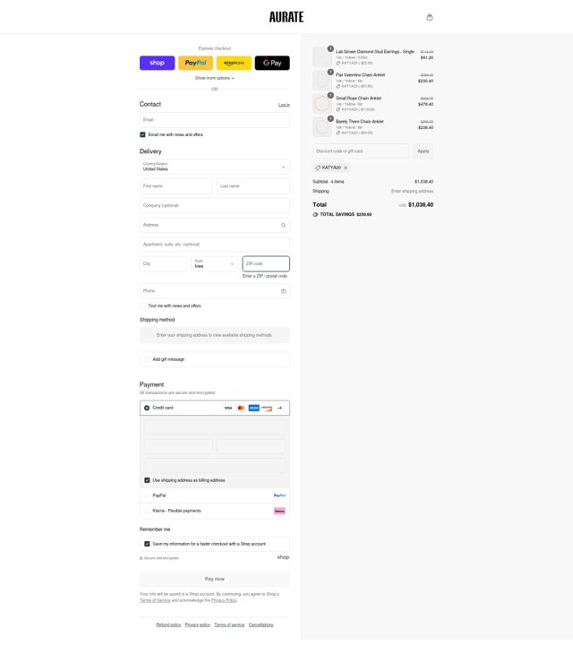 Aurate New York checkout page showing Aurate New York promo code box | Screenshot taken by SimplyCodes community member on Sep 3, 2025