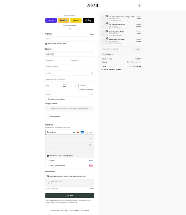 Aurate New York checkout page showing Aurate New York promo code box | Screenshot taken by SimplyCodes community member on Aug 30, 2025