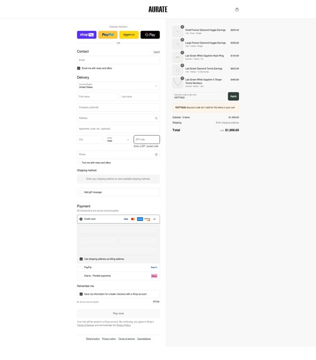 Aurate New York checkout page showing Aurate New York promo code box | Screenshot taken by SimplyCodes community member on Aug 16, 2025