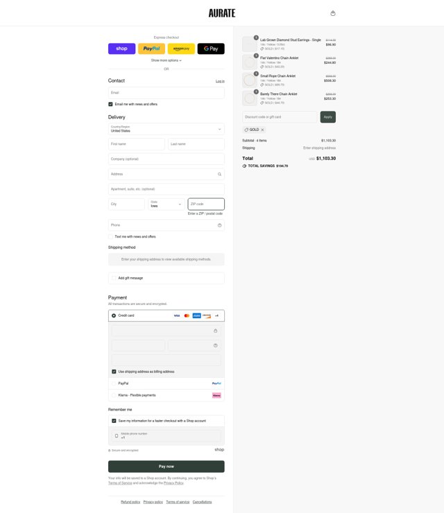 Aurate New York checkout page showing Aurate New York promo code box | Screenshot taken by SimplyCodes community member on Sep 3, 2025