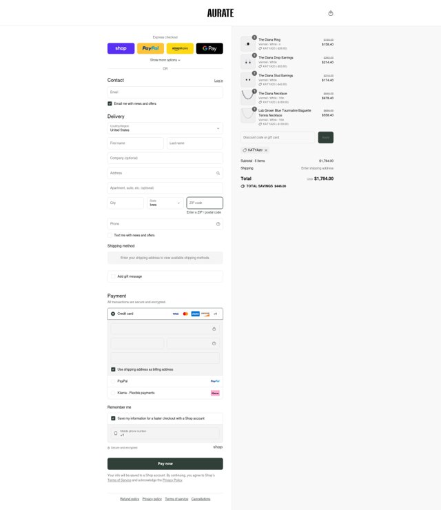 Aurate New York checkout page showing Aurate New York promo code box | Screenshot taken by SimplyCodes community member on Aug 12, 2025